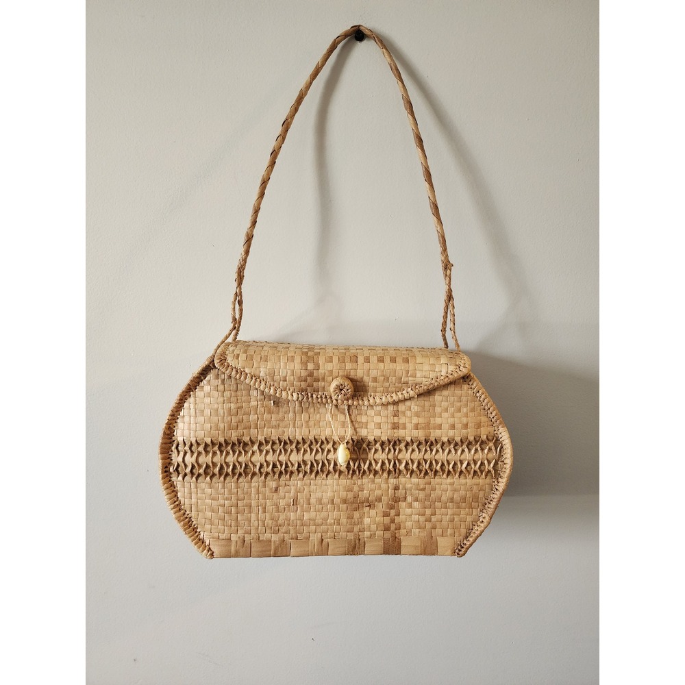 Vintage Woven Straw Shoulder Bag Natural Wicker Boho Shell Accent Tan Turquoise